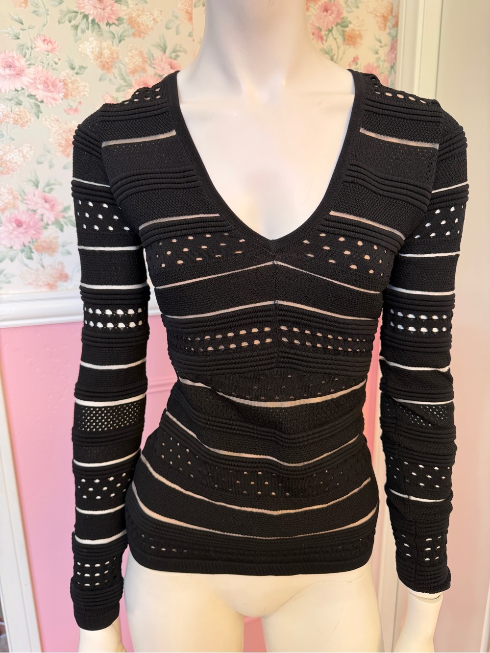 Bailey 44 Black and Cream Striped V-Neck Knit Sweater